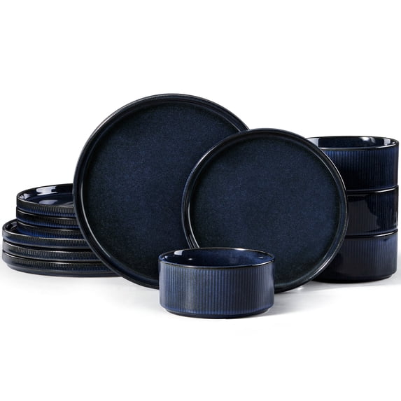 Vesteel Dinnerware Set for 4, 12-Piece Premium Stoneware Ribbed Dishes with Reactive Glaze, Chip & Scratch Resistant Plates and Bowls Set for Home Restaurant, Microwave Safe - Starry Blue