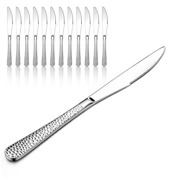 Vesteel 12-Piece Dinner Knives Set, 8.9 inch Stainless Steel Hammered Table Cutlery Knife Set, Mirror Finish & Dishwasher Safe