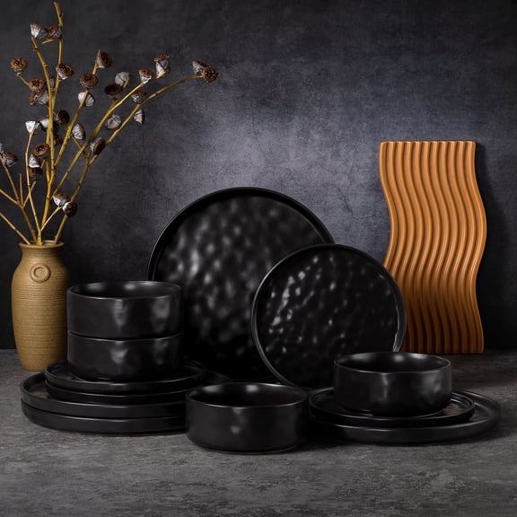 Vesteel Dinnerware Sets, 12-Piece Stoneware Plates and Bowls Set, Dishes Set for 4, Elegant Ceramic Dinnerware for Home Restaurant - Matte Black