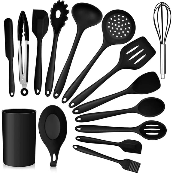 Vesteel 15 Piece Kitchen Utensils Set, Silicone Cooking Utensils with Holder, Non-Stick Cookware Friendly & Heat Resistant - Black