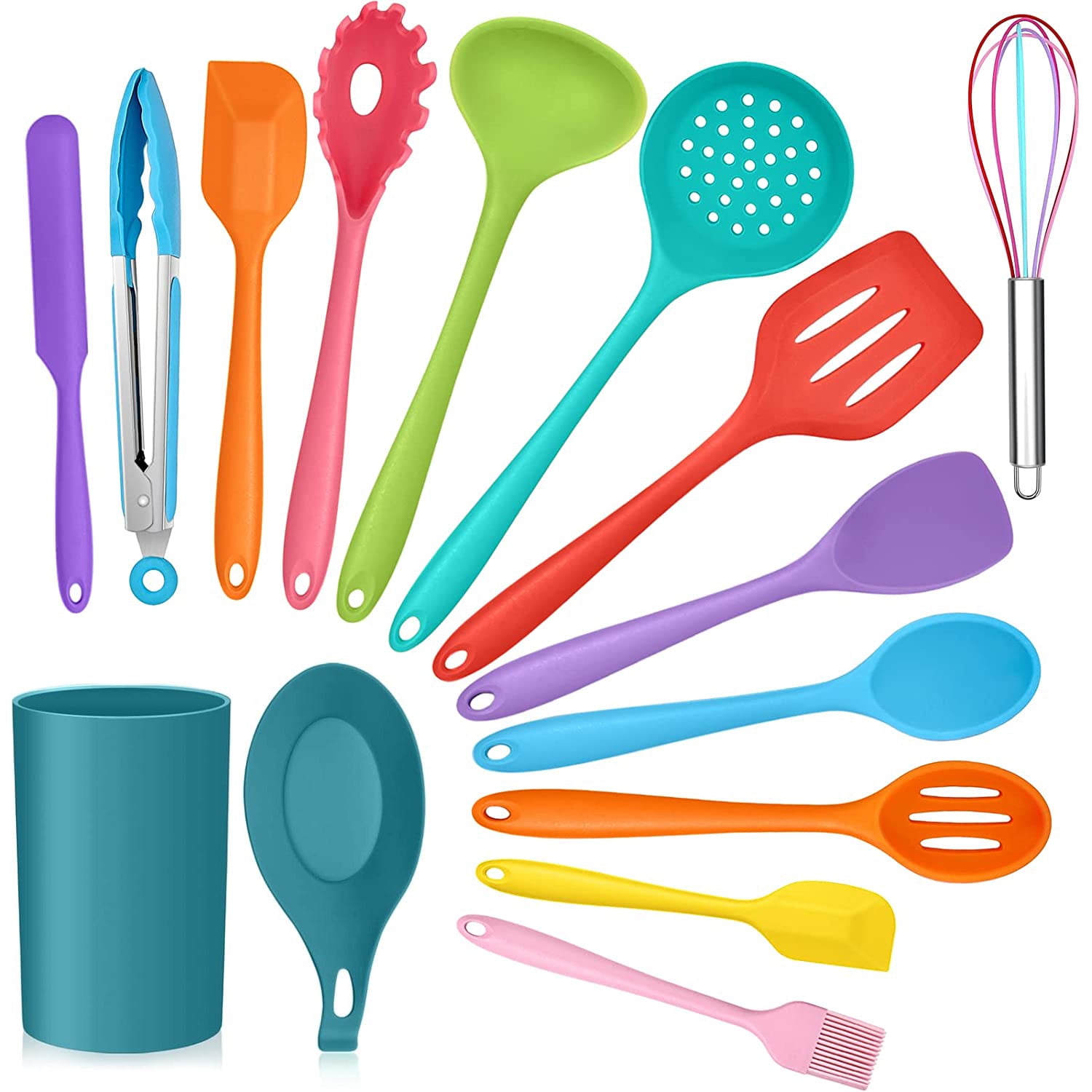 Vesteel 15 Piece Kitchen Utensils Set, Silicone Cooking Utensils with Holder, Non-Stick Cookware Friendly & Heat Resistant - Colorful - Walmart.com