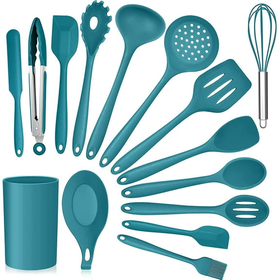 Vesteel 15-Piece Kitchen Utensils Set, Silicone Cooking Utensils with Holder, Non-stick Cookware Friendly & Heat Resistant - Teal Blue