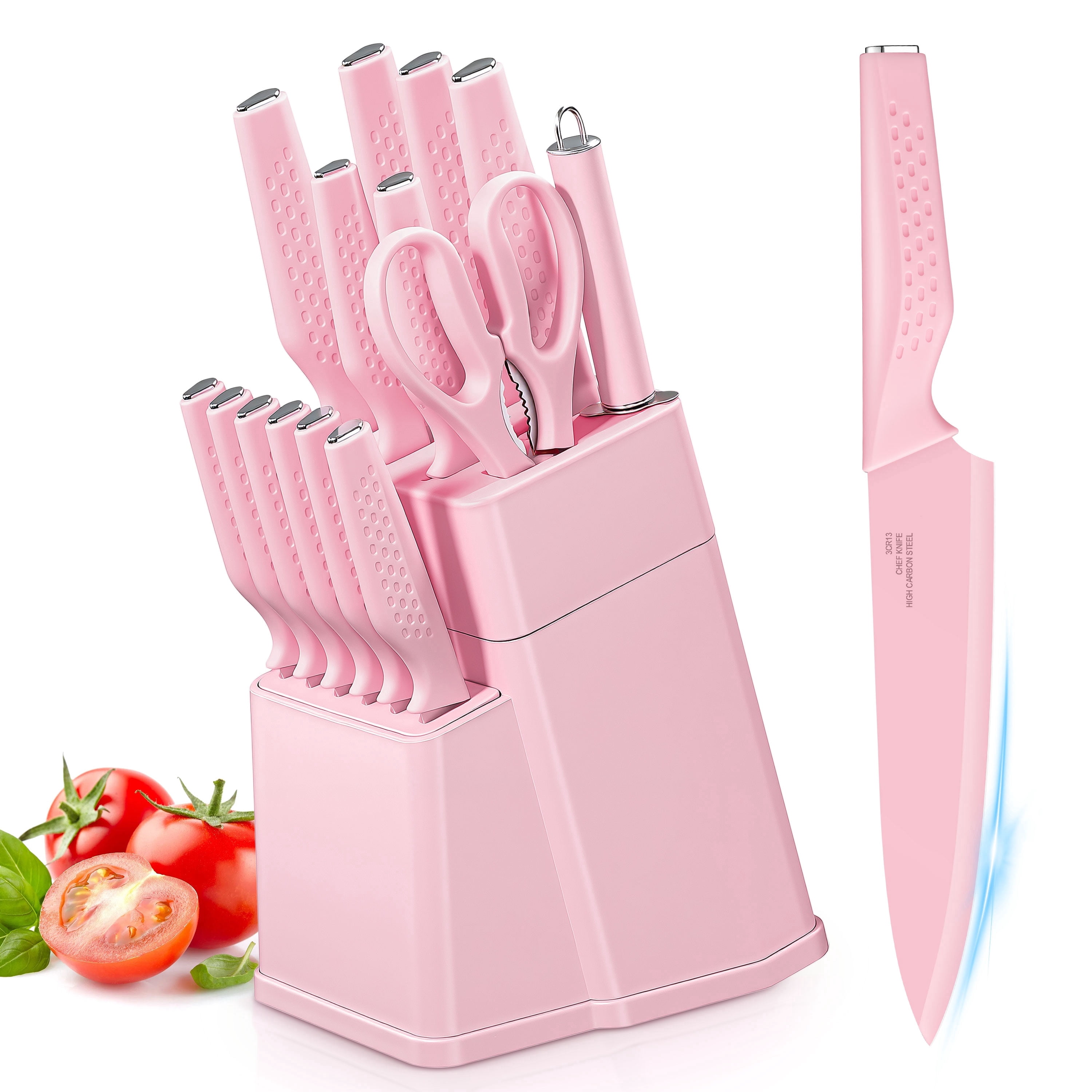 Vesteel Knife Block Set for Kitchen, 15-Piece High Carbon Stainless Steel Knives Set with Ergonomic Handle, Ultra-sharp & Rust Resistant, Pink
