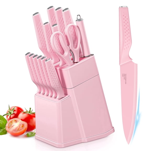 Vesteel Knife Block Set for Kitchen, 15-Piece High Carbon Stainless Steel Knives Set with Ergonomic Handle, Ultra-sharp & Rust Resistant, Pink