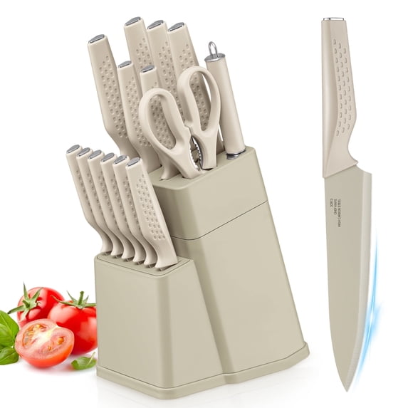 Vesteel Knife Block Set for Kitchen, 15-Piece High Carbon Stainless Steel Knives Set with Ergonomic Handle, Ultra-sharp & Rust Resistant, Khaki