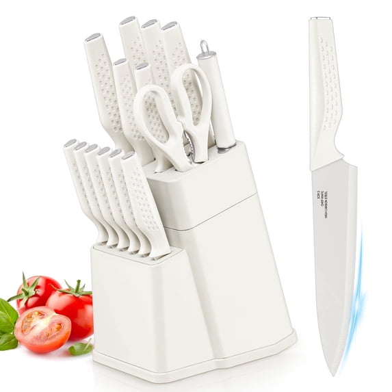 Vesteel Knife Block Set for Kitchen, 15-Piece High Carbon Stainless Steel Knives Set with Ergonomic Handle, Ultra-sharp & Rust Resistant, White