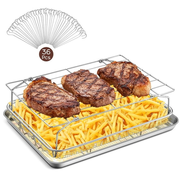 Vesteel 16 inch Air Fryer Basket Set, Stainless Steel Baking Pan with Rack and 36Pcs Meat Skewers for Baking, Roasting, and Healthy Cooking, Dishwasher Safe