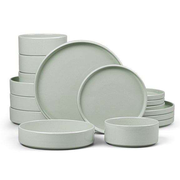 Vesteel 16 Pieces Dinnerware Sets, Premium Stoneware Dishes Set for 4, Speckled Plates and Bowls Set for Home Restaurant, Microwave and Dishwasher Safe - Light Green