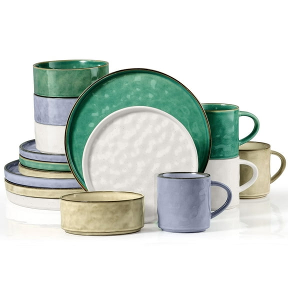 Vesteel 16-Piece Dinnerware Sets, Stoneware Dish and Bowls Set for 4, Handmade Reactive Glaze Coupe Plates Set, Chip & Scratch Resistant - Multi-Color
