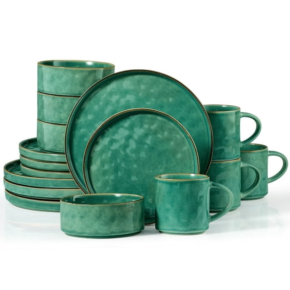 Vesteel 16-Piece Dinnerware Sets, Stoneware Dish and Bowls Set for 4, Handmade Reactive Glaze Coupe Plates Set, Chip & Scratch Resistant - Jade Green