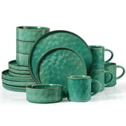 Vesteel 16-Piece Dinnerware Sets, Stoneware Dish and Bowls Set for 4, Handmade Reactive Glaze Coupe Plates Set, Chip & Scratch Resistant - Jade Green