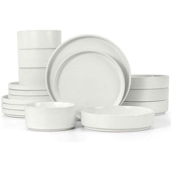 Vesteel 16 Pieces Dinnerware Set for 4, Premium Stoneware Ribbed Dishes, Chip & Scratch Resistant Plates and Bowls Set for Home Restaurant, Microwave and Dishwasher Safe - Speckled White