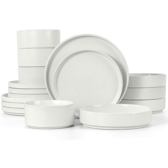 Vesteel 16 Pieces Dinnerware Set for 4, Premium Stoneware Ribbed Dishes, Chip & Scratch Resistant Plates and Bowls Set for Home Restaurant, Microwave and Dishwasher Safe - Speckled White