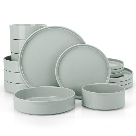 Vesteel 16 Pieces Dinnerware Sets, Premium Stoneware Dishes Set for 4, Speckled Plates and Bowls Set for Home Restaurant, Microwave and Dishwasher Safe - Mist Grey