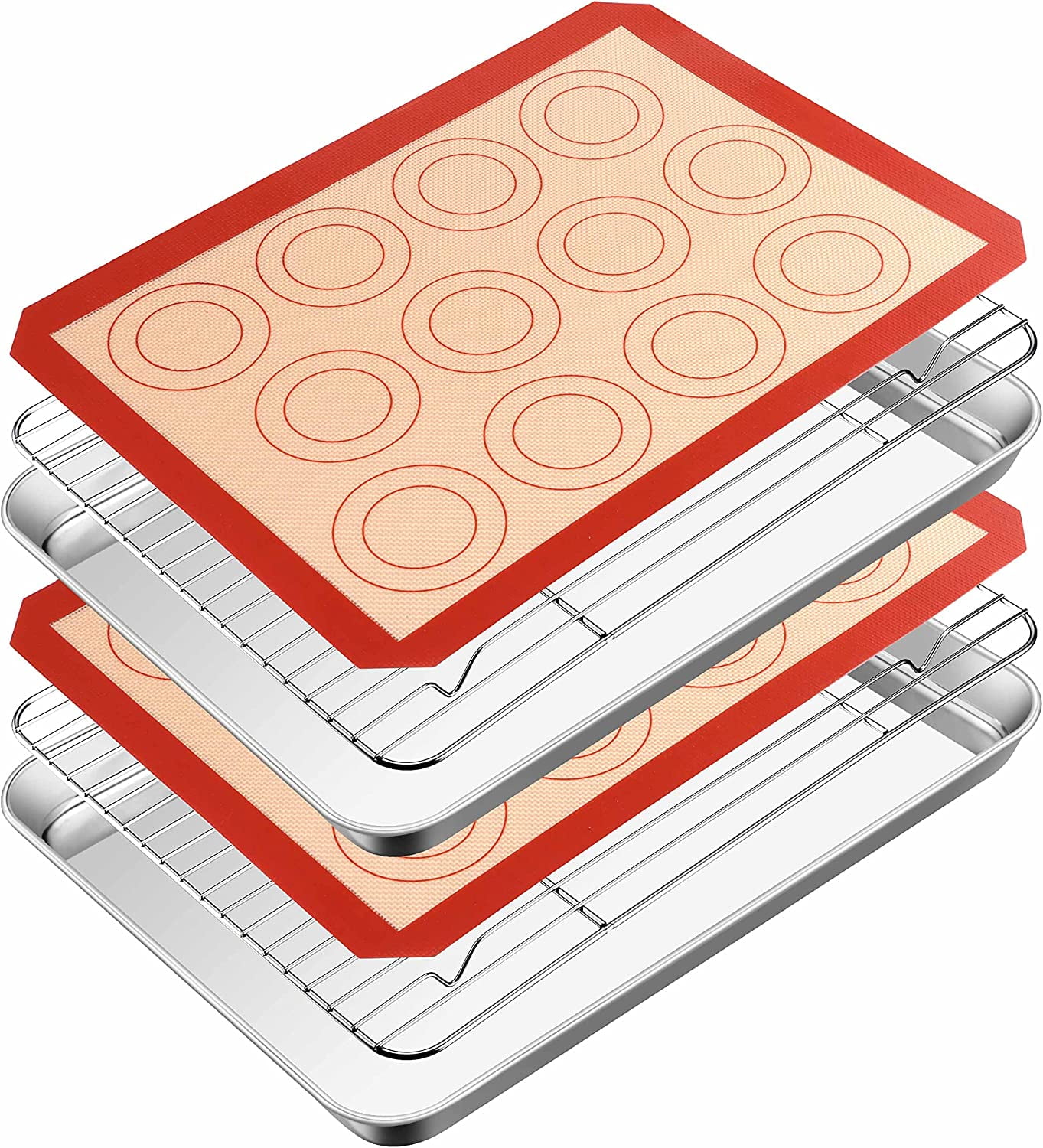 Wildone Baking Sheet with Silicone Mat Set, Stainless Steel Cookie Pan with Baking Mat, Size 16 x 12 x 1 inch, Set of 4 - 2 Sheets + 2 Mats