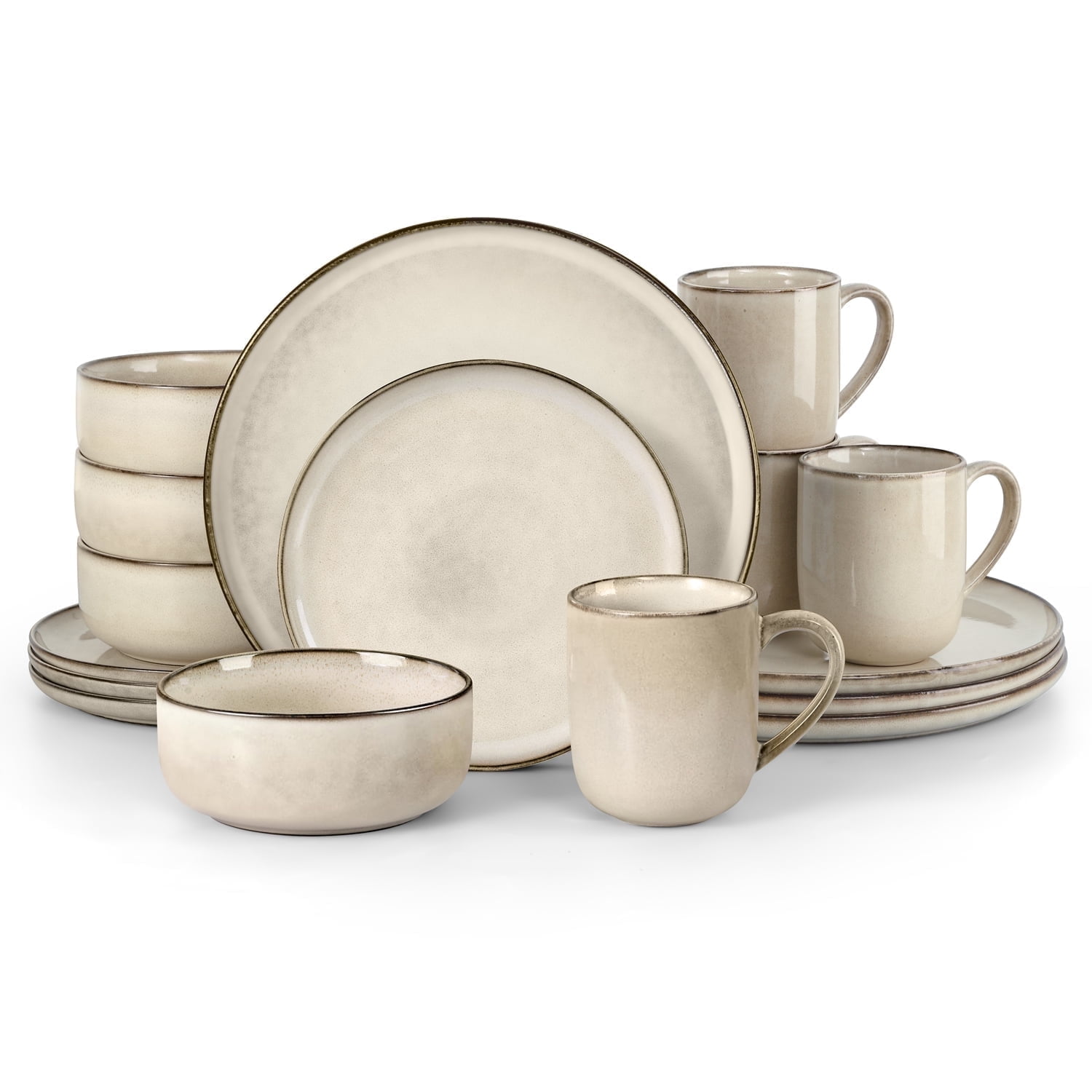 Vesteel Dinnerware Sets for 4, 16-Piece Stoneware Dish and Bowls Set, Handmade Reactive Glaze Coupe Plates Set, Chip & Scratch Resistant - Khaki