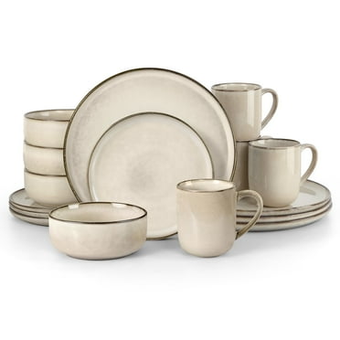 Vesteel Dinnerware Sets for 4, 16-Piece Stoneware Dish and Bowls Set, Handmade Reactive Glaze Coupe Plates Set, Chip & Scratch Resistant - Khaki