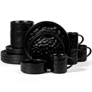Vesteel 16-Piece Dinnerware Sets, Stoneware Dish and Bowls Set for 4, Handmade Reactive Glaze Coupe Plates Set, Chip & Scratch Resistant - Matte Black