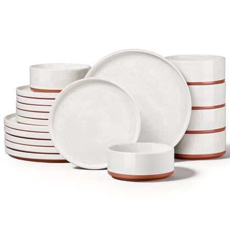Vesteel 18 Pieces Dinnerware Set, Ceramic Plates and Bowls Set for 6, Handcrafted Speckled Stoneware Dishes Set for Home, Microwave and Dishwasher Safe - Speckled White