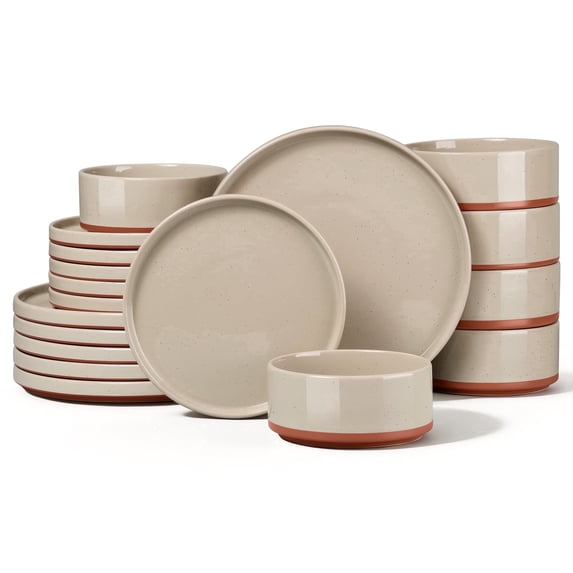 Vesteel 18 Pieces Dinnerware Set, Ceramic Plates and Bowls Set for 6, Handcrafted Speckled Stoneware Dishes Set for Family, Microwave & Dishwasher Safe - Cappuccino Brown