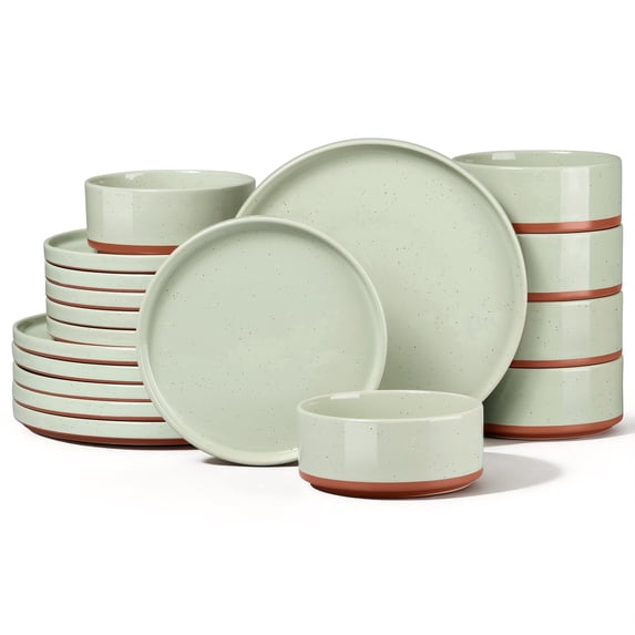 Vesteel 18 Pieces Dinnerware Set, Ceramic Plates and Bowls Set for 6, Handcrafted Speckled Stoneware Dishes Set for Home, Microwave & Dishwasher Safe - Light Green