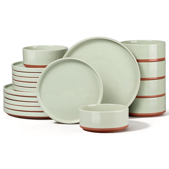 Vesteel 18 Pieces Dinnerware Set, Ceramic Plates and Bowls Set for 6, Handcrafted Speckled Stoneware Dishes Set for Home, Microwave & Dishwasher Safe - Light Green