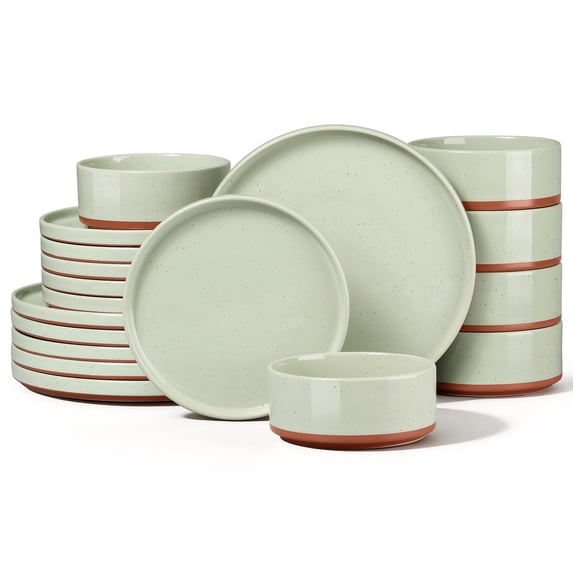 Vesteel 18 Pieces Dinnerware Set, Ceramic Plates and Bowls Set for 6, Handcrafted Speckled Stoneware Dishes Set for Home, Microwave & Dishwasher Safe - Light Green