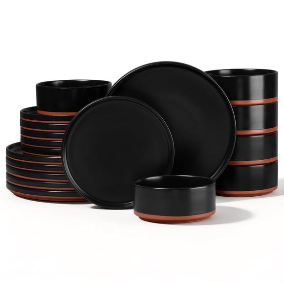 Vesteel 18 Pieces Dinnerware Set, Ceramic Plates and Bowls Set for 6, Handcrafted Stoneware Dishes Set for Family Restaurant, Microwave & Dishwasher Safe - Matte Black