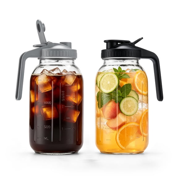 Vesteel 2 Pack 64oz Mason Jar Pitchers, Wide Mouth Glass Pitcher with Lid and Handle, Cold Brew Coffee Container for Lemonade, Juice, Milk, Leak Proof, Fridge Safe, Black Gray