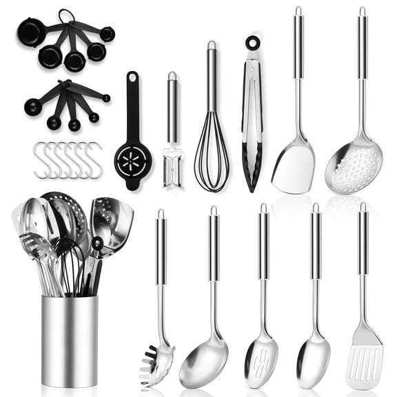 Vesteel Stainless Steel Kitchen Utensils Set, 28-Piece Metal Cooking Spatula Set with Holder, Heat Resistant & Dishwasher Safe