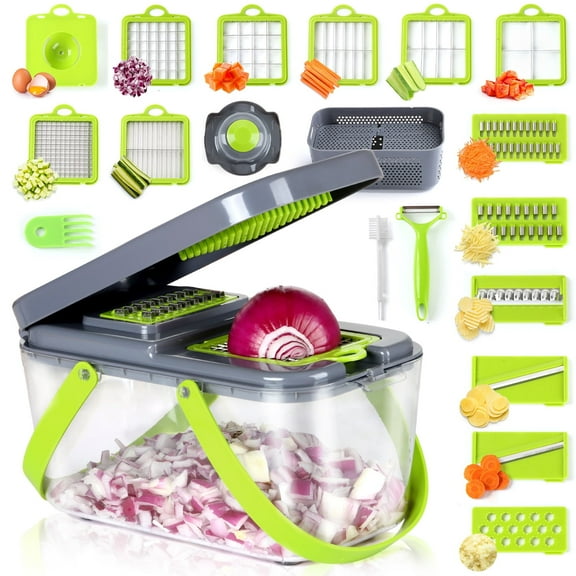 Vesteel 22 in 1 Vegetable Chopper, Multifunctional Onion Chopper Food Cutter Dicer Mandolin Slicer with Container and Colander Drain Basket - 13 Stainless Steel Blades