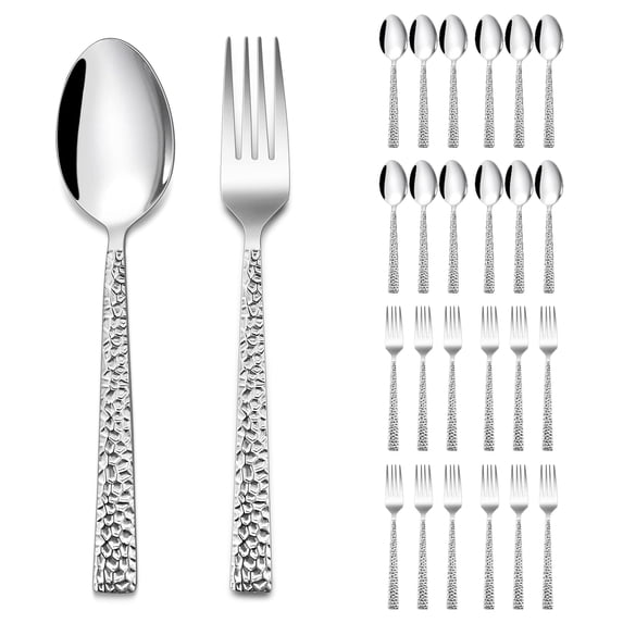 Vesteel 24-Piece Hammered Forks and Spoons Silverware Set, Stainless Steel Square Flatware Cutlery Set, Food-Grade Utensil Set for Home, Kitchen and Restaurant, Dishwasher Safe