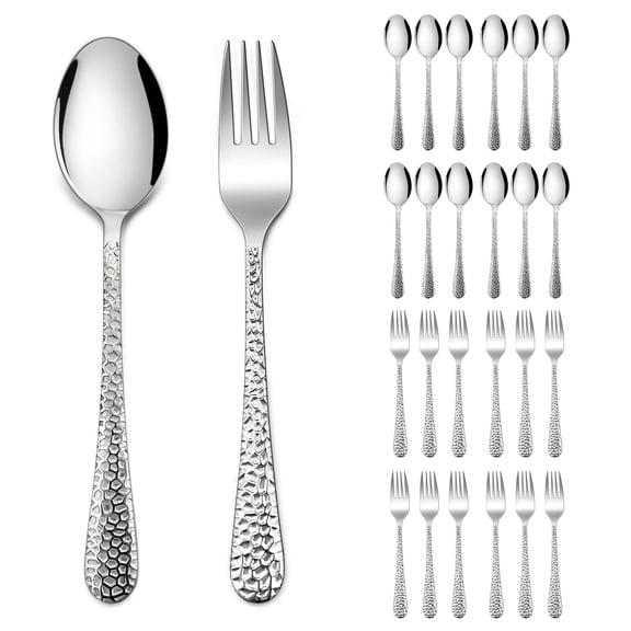 Vesteel 24-Piece Hammered Forks and Spoons Silverware Set, Stainless Steel Flatware Cutlery Set, Food-Grade Utensil Set for Home, Kitchen and Restaurant, Mirror Polished & Dishwasher Safe