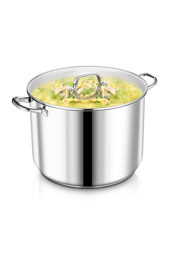 24 Quart Stock Pot with Lid, Stainless Steel Stockpot for Stewing Simmering, Tri-ply Construction for Induction Gas Electric Stove, Heavy Duty for Restaurant, Party