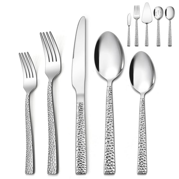 Vesteel 20-Piece Hammered Silverware Set with 5 Serving Utensils, Stainless Steel Square Flatware Tableware Cutlery Set Service for 4, Heavy Duty & Dishwasher Safe