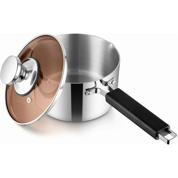 Vesteel 2QT Saucepan with Lid, Tri-Ply Stainless Steel Milk Pan with Pour Spout, Multipurpose Induction Pot with Heat-Proof Handle for Gas Electric Stove Top Camping, Dishwasher Safe