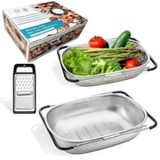 Vesteel Stainless Steel Colander Set of 3, 6 Qt and 8 Qt Over the Sink Colander Large Capacity Strainer Basket with Extendable Rubber Grip Handles for Kitchen & Cheese Grater Handheld