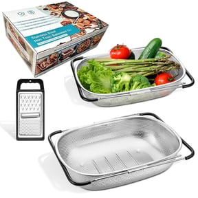 Vesteel Stainless Steel Colander Set of 3, 6 Qt and 8 Qt Over the Sink Colander Large Capacity Strainer Basket with Extendable Rubber Grip Handles for Kitchen & Cheese Grater Handheld