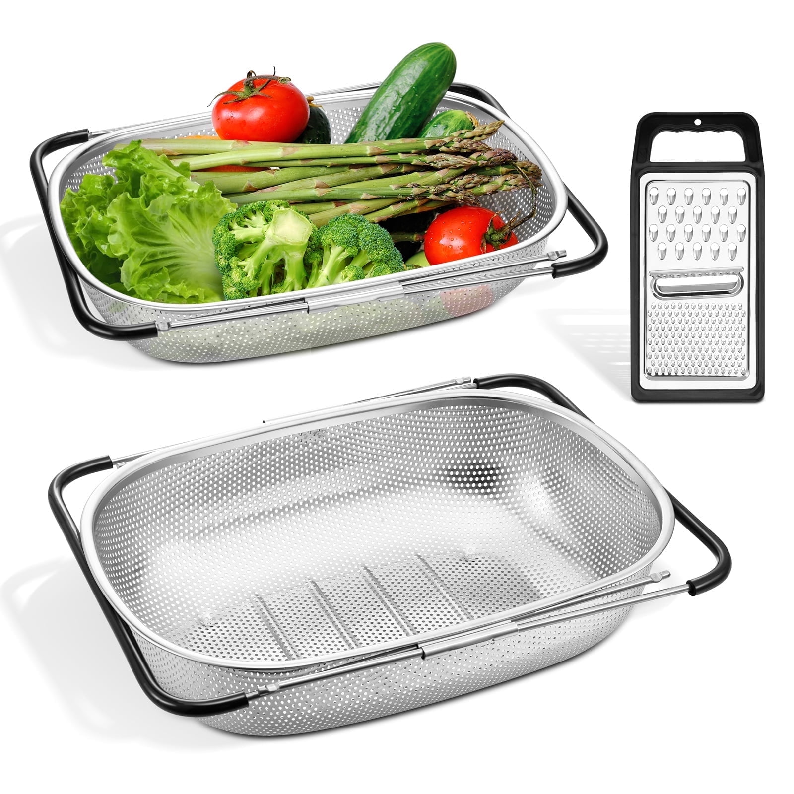 Vesteel Stainless Steel Colander Set of 3, 6 Qt and 8 Qt Over the Sink Colander Large Capacity Strainer Basket with Extendable Rubber Grip Handles for Kitchen & Cheese Grater Handheld - Walmart.com