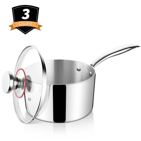 Vesteel 3 Quart Saucepan with Lid, Tri-Ply Stainless Steel Sauce Pan, 3qt Small Induction Cooking Pot with Ergonomic Handle, Small Pan for Making Sauce, Warming Milk, Boiling Eggs, Dishwasher Safe