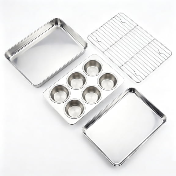 Vesteel 4-Piece Stainless Steel Bakeware Sets, Include Quarter Sheet Pan/Rectangle Deep Pan/Cooling Rack & 6-Cup Muffin Pan, Warp Resistant & Dishwasher Safe