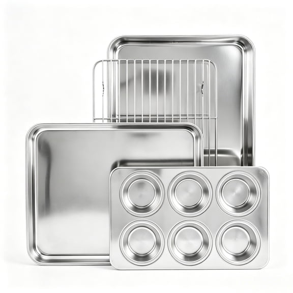 Vesteel 4-Piece Stainless Steel Bakeware Sets, Include Quarter Sheet Pan/Rectangle Deep Pan/Cooling Rack & 6-Cup Muffin Pan, Warp Resistant & Dishwasher Safe