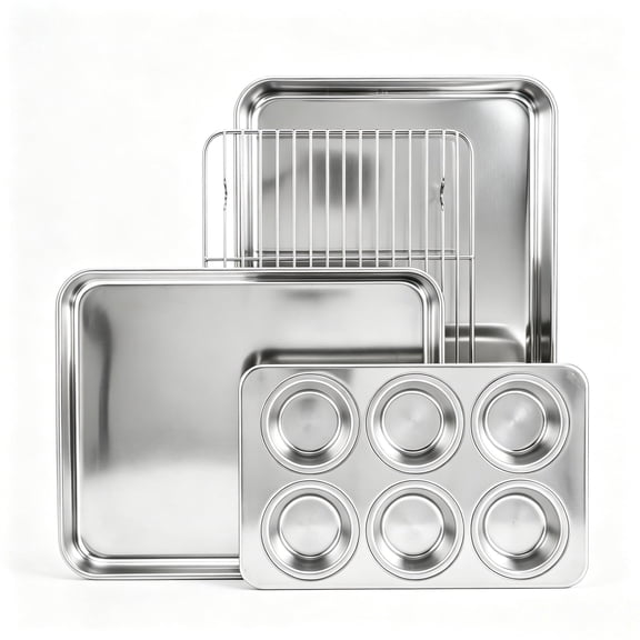 Vesteel 4-Piece Stainless Steel Bakeware Sets, Include Quarter Sheet Pan/Rectangle Deep Pan/Cooling Rack & 6-Cup Muffin Pan, Warp Resistant & Dishwasher Safe