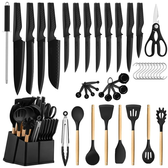 Vesteel 43-Piece Kitchen Knife and Utensil Set, High Carbon Stainless Steel Kitchen Knives with Silicone Cooking Utensils, Non-Stick Cookware, Ultra-sharp & Rust