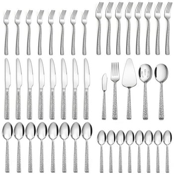 Vesteel 40-Piece Hammered Silverware Set with 5 Serving Utensils, Stainless Steel Square Flatware Tableware Cutlery Set Service for 8, Heavy Duty & Dishwasher Safe