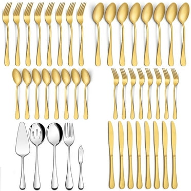 Vesteel 45 Pieces Gold Silverware Set with Serving Utensils, Stainless Steel Modern Flatware Cutlery Set for 8, Eating Utensils Tableware Include Forks Knives Spoons, Mirror Polished