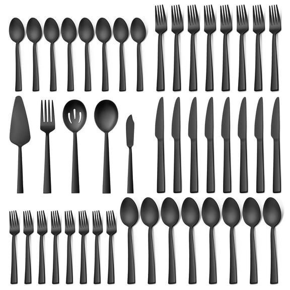 VeSteel 45Pcs Matte Black Silverware Set with Serving Utensils, Stainless Steel Flatware Set Service for 8, Metal Cutlery Eating Utensils Tableware Includes Forks/Spoons/Knives/Hostess Set