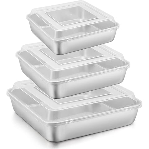 Vesteel 6-Piece Cake Pan with Lid (3 Pans + 3 Lids), Stainless Steel Square Baking Brownie Pans Bakeware Set