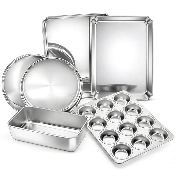 Vesteel 6 Piece Bakeware Set, Stainless Steel Baking Pans set for Oven, Include 8-Inch Cake Pan/Rectangle Baking Cookie Sheet/Muffin/Loaf Pan, Non-Toxic & Heavy Duty, Dishwasher Safe