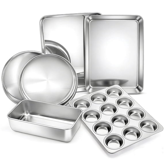 Vesteel 6 Piece Bakeware Set, Stainless Steel Baking Pans set for Oven, Include 8-Inch Cake Pan/Rectangle Baking Cookie Sheet/Muffin/Loaf Pan, Non-Toxic & Heavy Duty, Dishwasher Safe